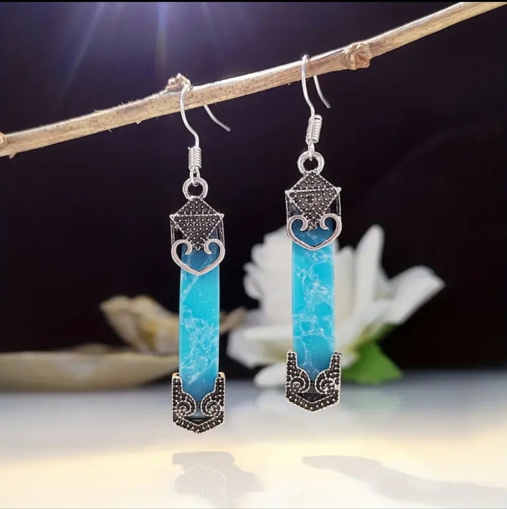 Bohemian Ocean Pattern Jade Vintage Carved Design Gemstone Silver Plated Earring